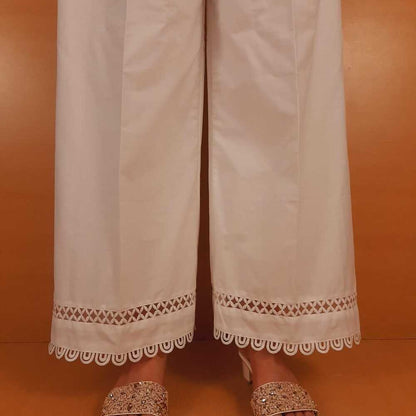 Laces Embellished Cotton Palazzo - White - ZT310