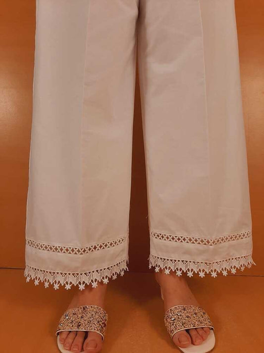 Laces Embellished Cotton Palazzo - White - ZT402