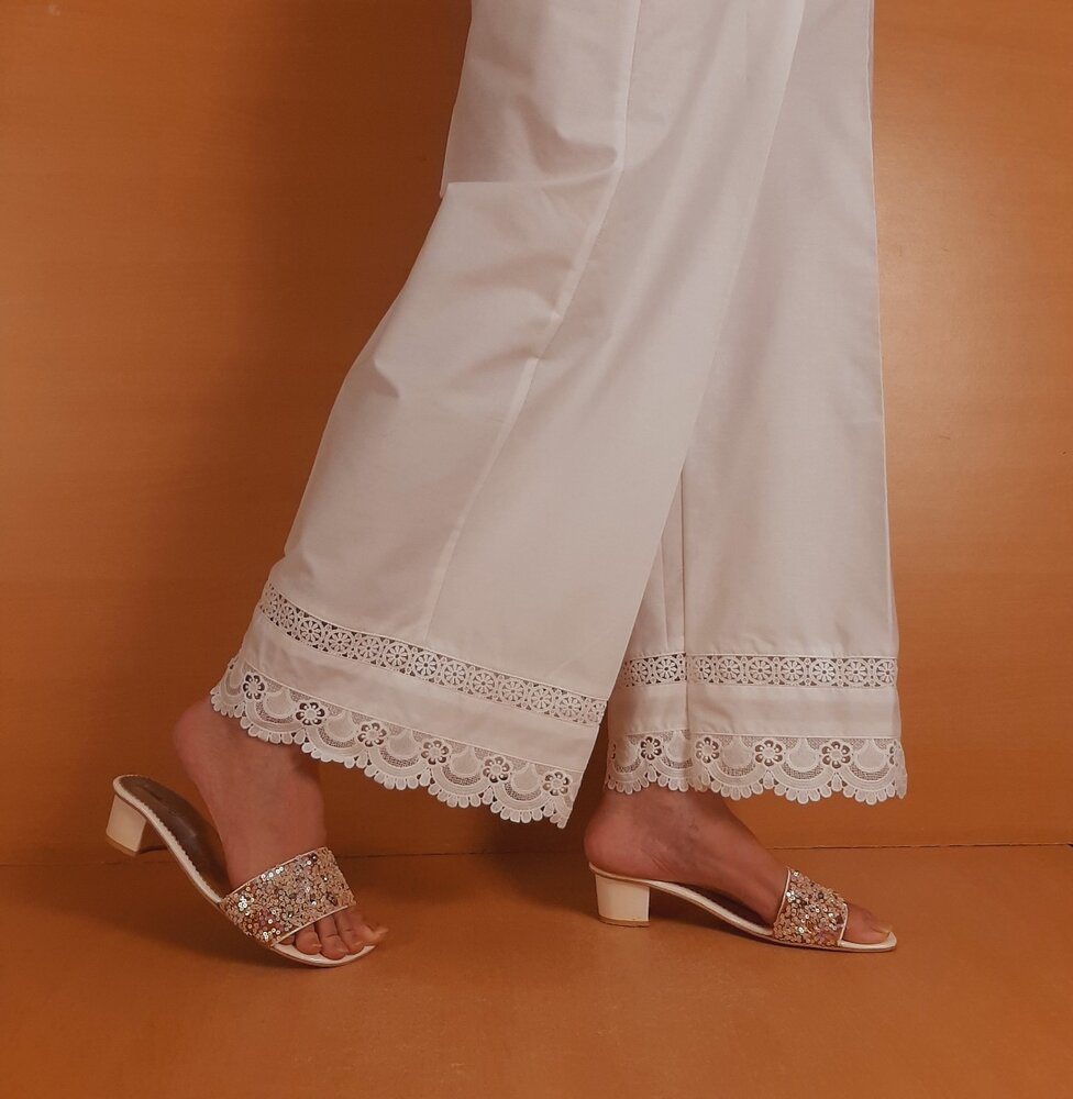 Laces Embellished Cotton Palazzo - White - ZT536