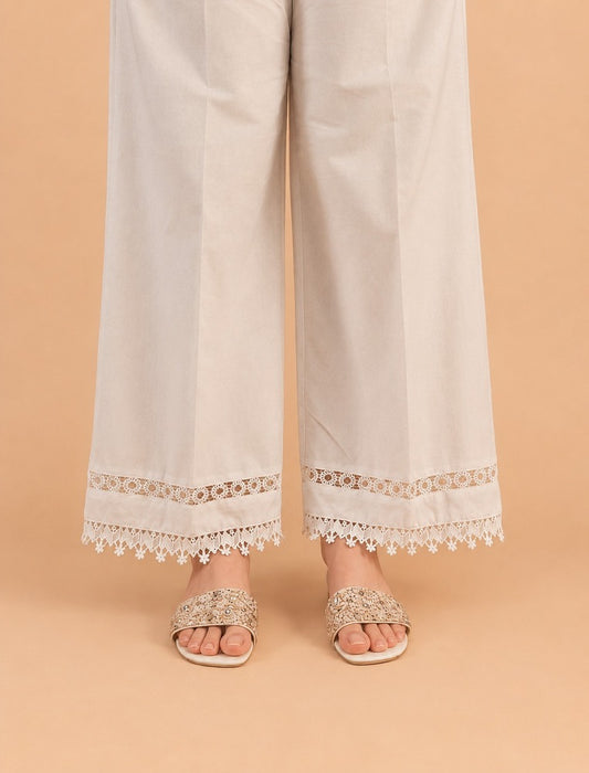 Laces Embellished Cotton Palazzo - White - ZT545