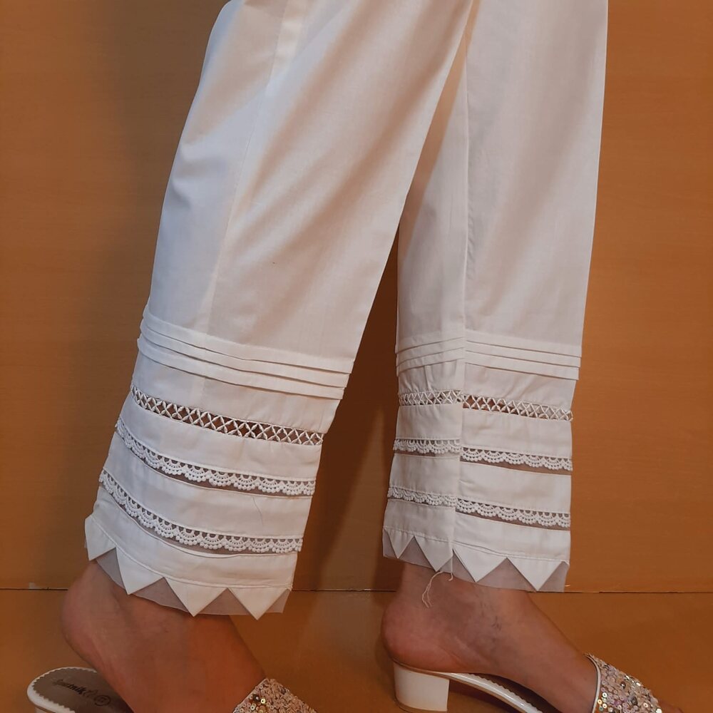 Laces Embellished Cotton Trouser - White - PT07