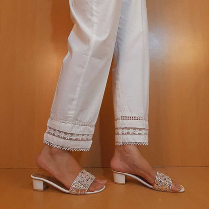 Laces Embellished Cotton Trouser - White - PT17