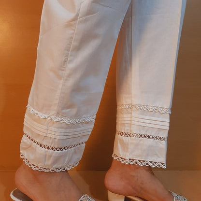 Laces Embellished Cotton Trouser - White - PT17