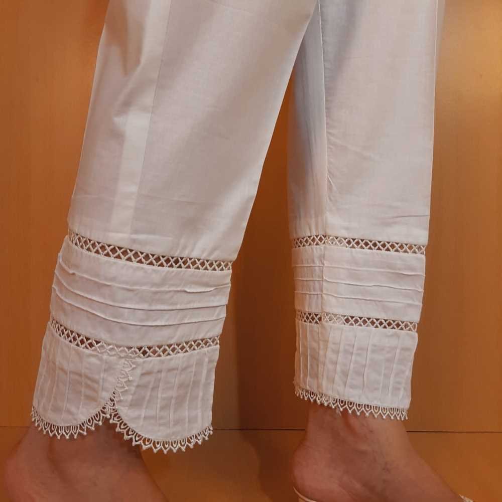 Laces Embellished Cotton Trouser - White - PT18