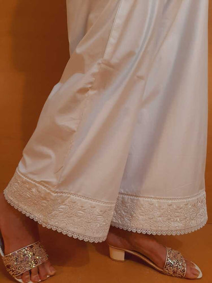 Embroided Cotton Palazzo - White - PT07