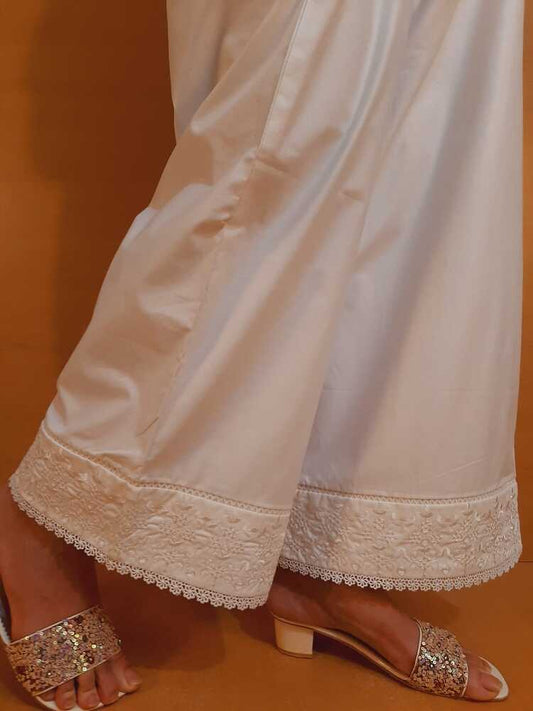 Embroided Cotton Palazzo - White - PT07