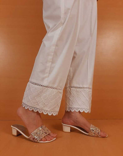 Laces Embellished Cotton Trouser - White - PT40