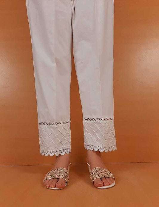 Laces Embellished Cotton Trouser - White - PT40