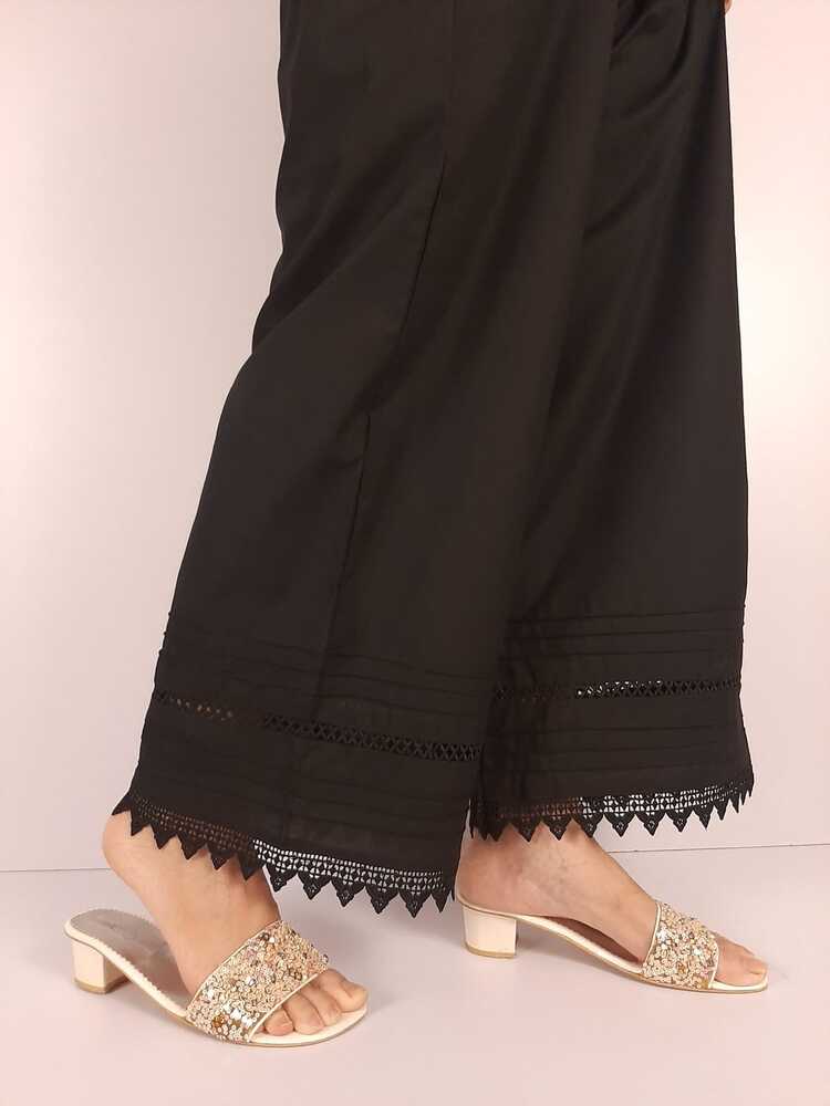 Laces embellished Soft Cotton Palazzo - Black - PT19