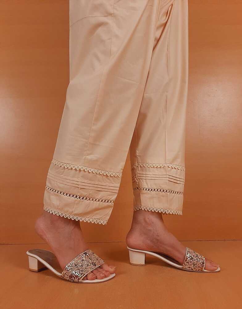Laces embellished Soft Cotton Trouser - Beige - PT06