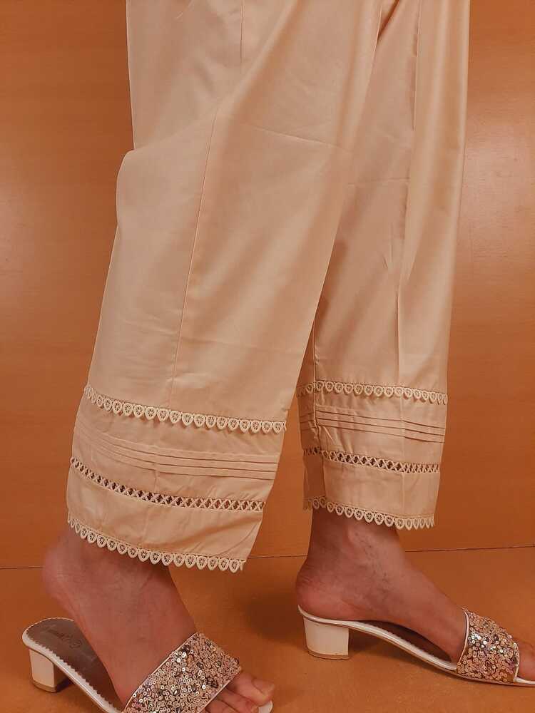 Laces embellished Soft Cotton Trouser - Beige - PT06