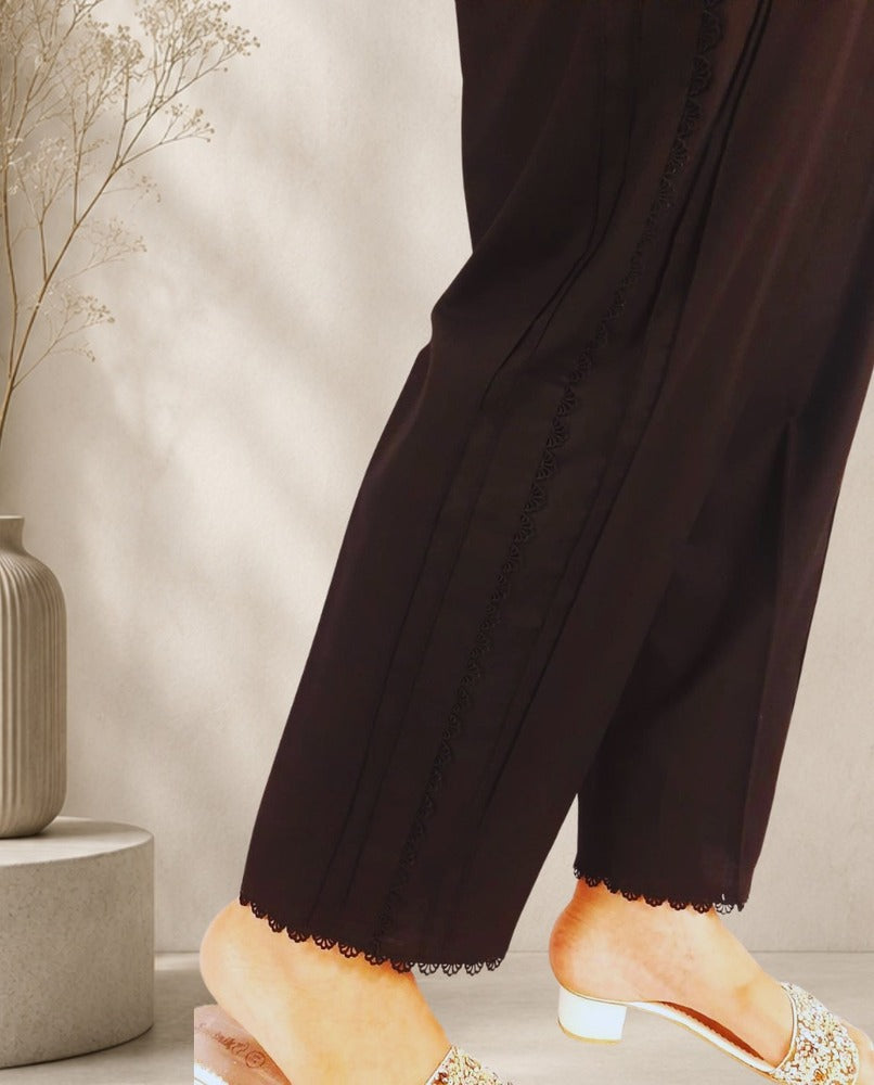 Laces embellished Soft Cotton Trouser - Black - PT07