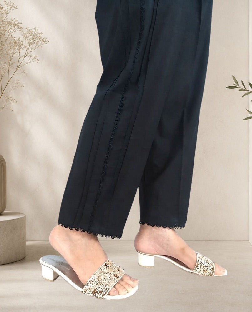 Laces embellished Soft Cotton Trouser - Black - PT07