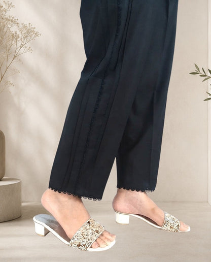 Laces embellished Soft Cotton Trouser - Black - PT07
