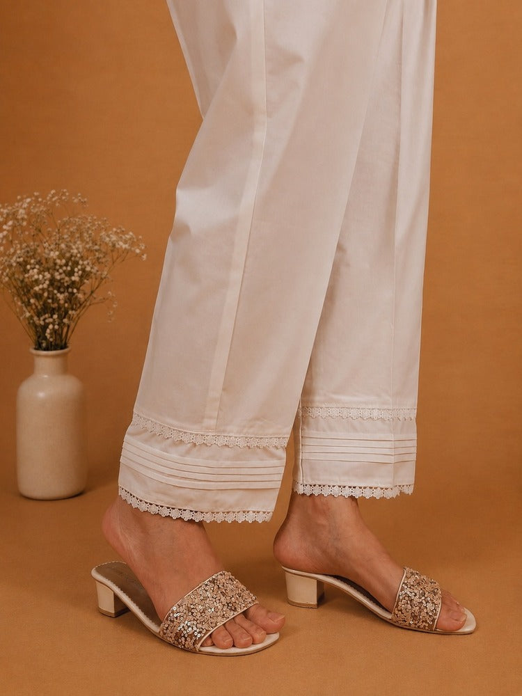 Laces embellished Soft Cotton Trouser - White - PT10