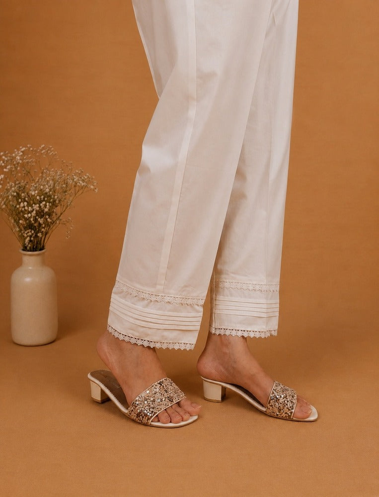 Laces embellished Soft Cotton Trouser - White - PT10