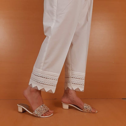 Laces embellished Soft Cotton Trouser - White - PT12
