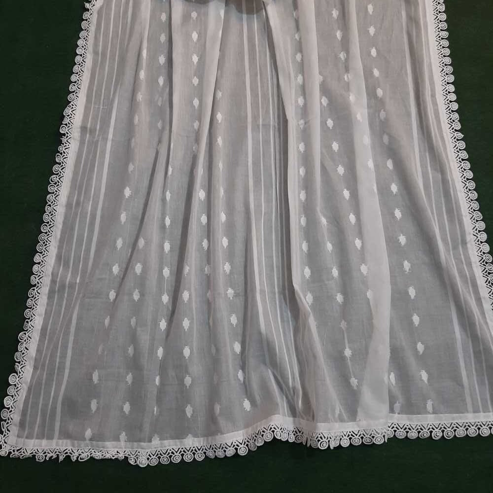 Lawn Brochia Dupatta With 4 Sided Lace - White