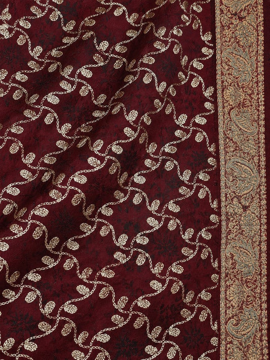 Maroon embroidered winter shawl with golden threadwork, ornate patterned borders and matching decorative tassels.