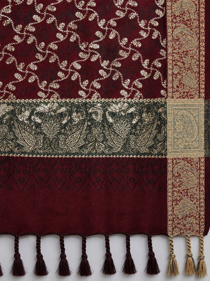 Maroon embroidered winter shawl with golden threadwork, ornate patterned borders and matching decorative tassels.