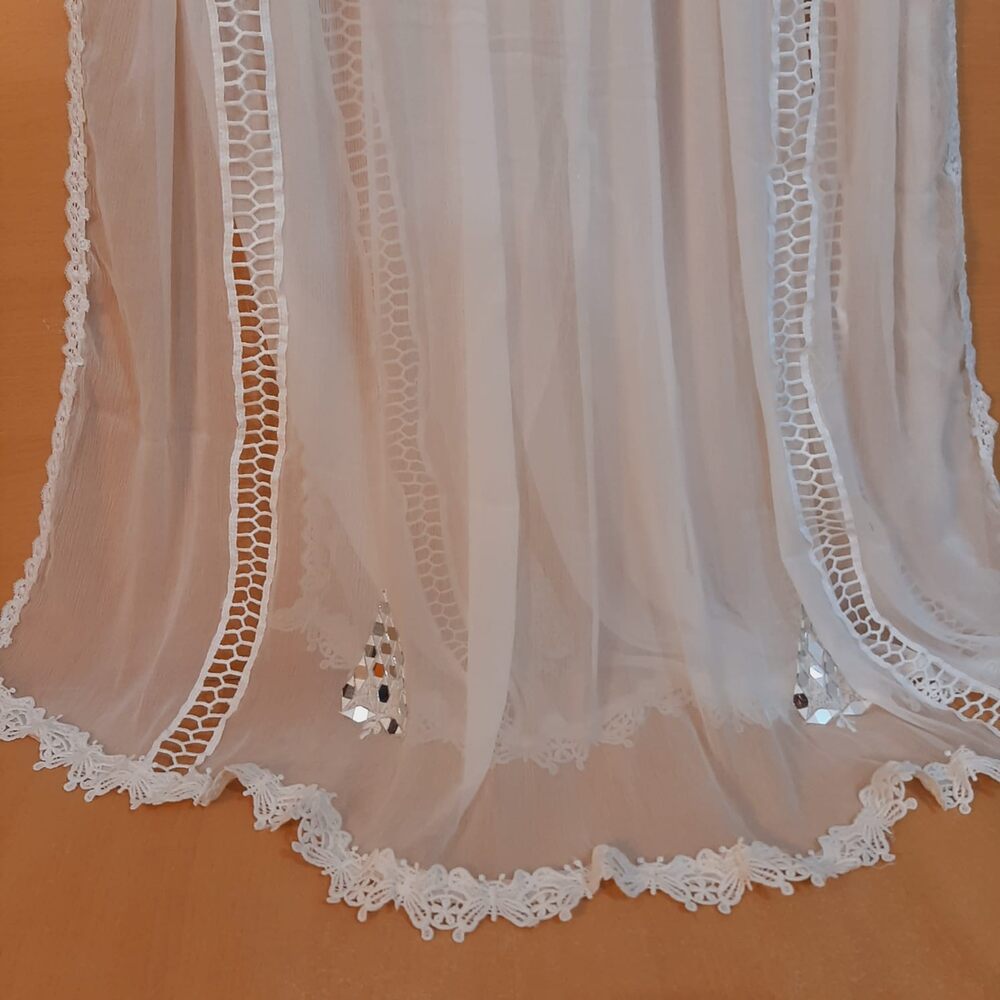 Mirror Work Laces Chiffon Dupatta - White - ZD1242