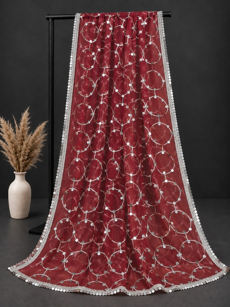 Maroon Mirror Work Net Dupatta -  ZD997
