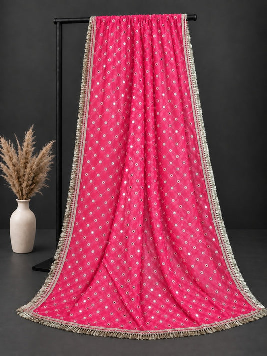 Mirror Work Net Dupatta Large - Pink -  ZD998