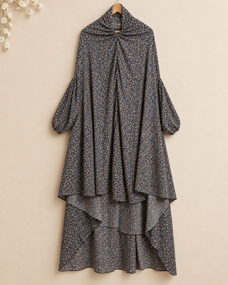 Navy blue floral namaz chadar with sleeves for women