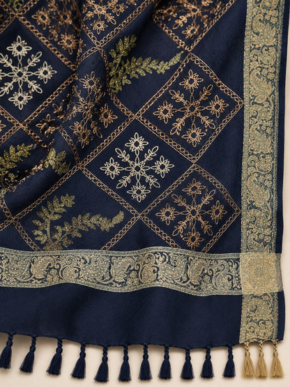 Navy shawl for women with gold-toned diamond embroidery, floral and leafy motifs, ornate borders and matching tassels.