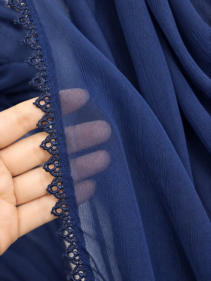 Navy blue chiffon dupatta with delicate navy lace border and elegant draping by ZARDI