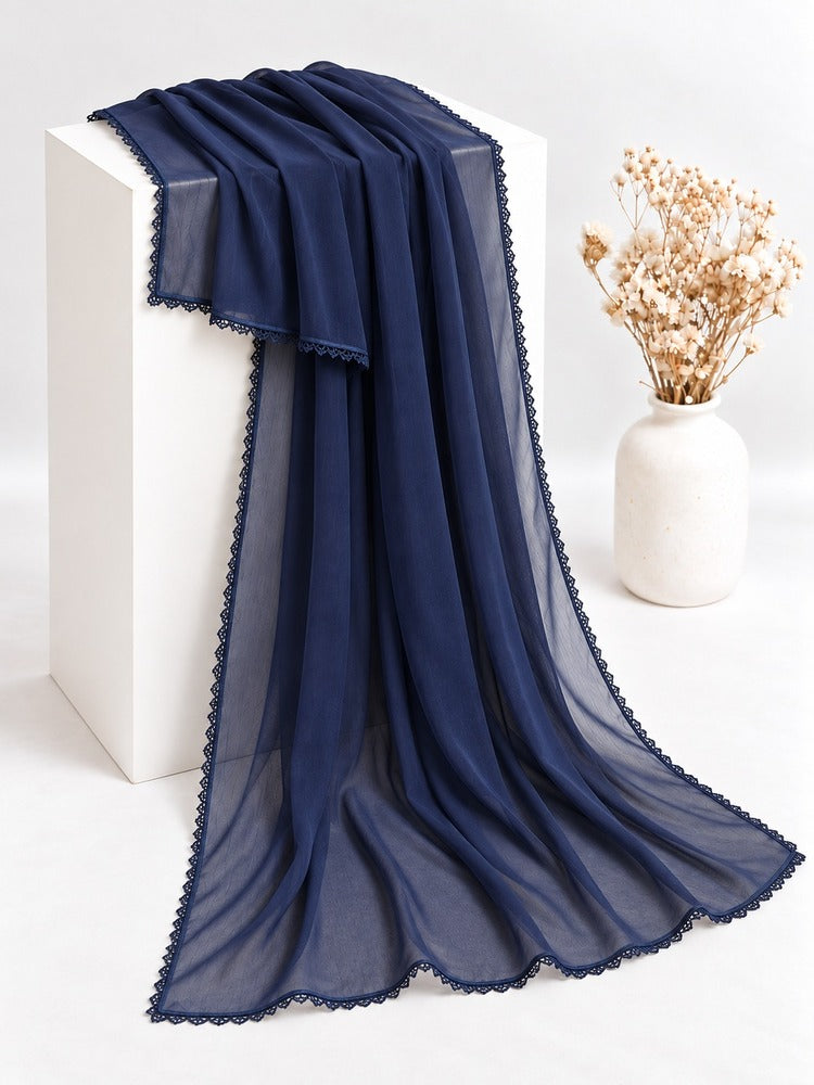 Navy blue chiffon dupatta with delicate navy lace border and elegant draping by ZARDI