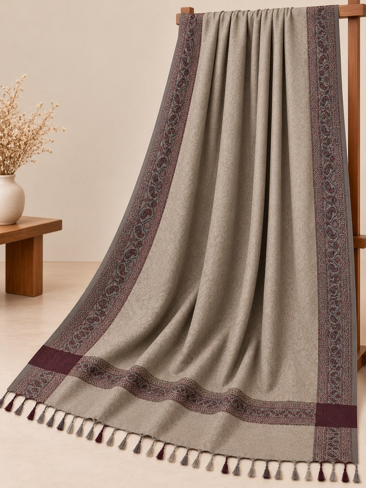 printed winter shawl for women with patterned border and decorative tassels