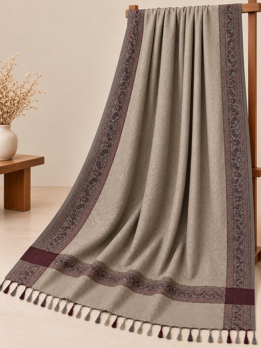 printed winter shawl for women with patterned border and decorative tassels