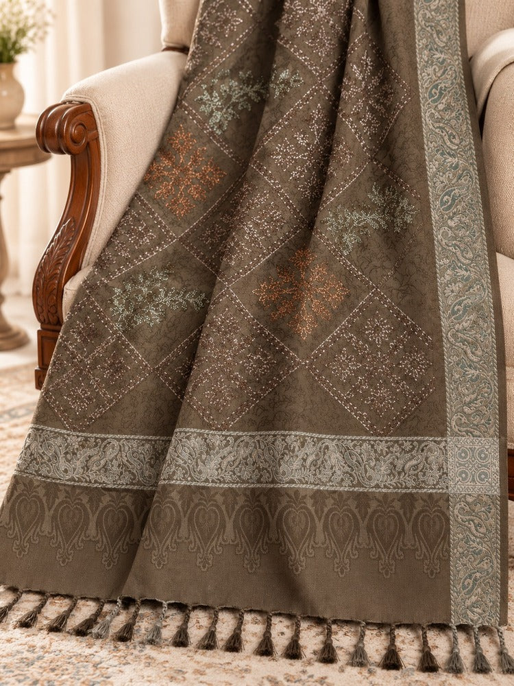 Taupe-brown embroidered shawl with multicoloured floral diamond motifs, teal-toned borders and decorative tassels.