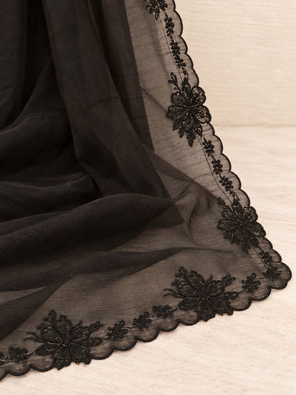 Embroided Voile Lawn Dupatta - Black - MV02