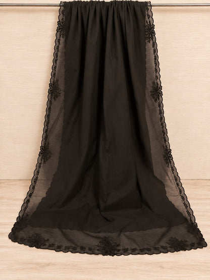 Embroided Voile Lawn Dupatta - Black - MV02