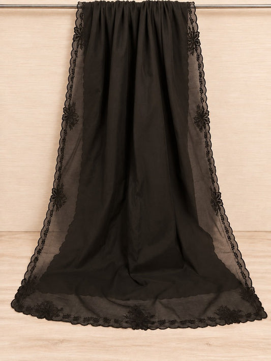 Embroided Voile Lawn Dupatta - Black - MV02