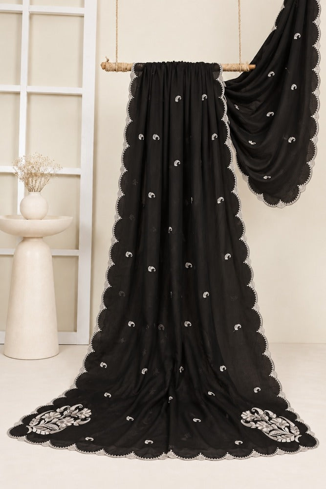 Embroided Voile Lawn Dupatta - Black - MV04