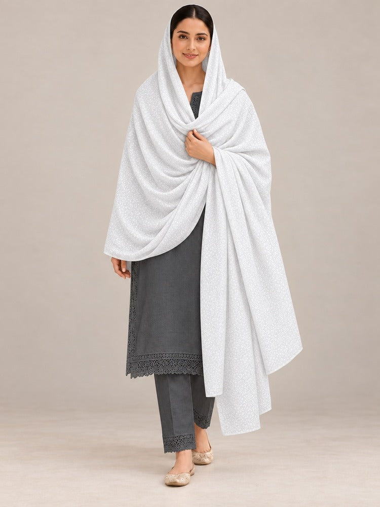 Self Print Shawl / Chaddar - Swiss Lawn - White - SH29