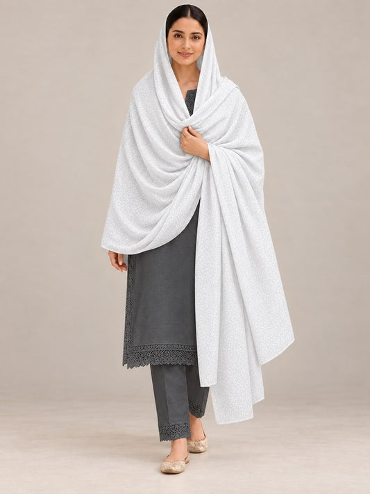 Self Print Shawl / Chaddar - Swiss Lawn - White - SH29