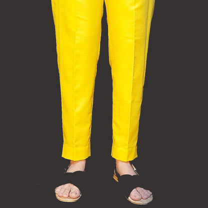 Yellow plain cotton straight stitched trouser for women